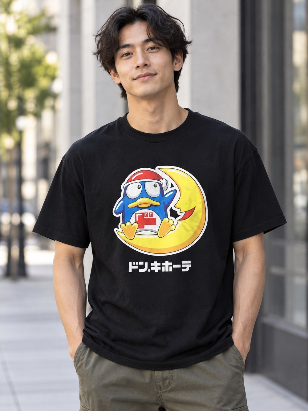 Don Quijote Donpen Santa Moon Graphic T-Shirt Black Japanese Size LL